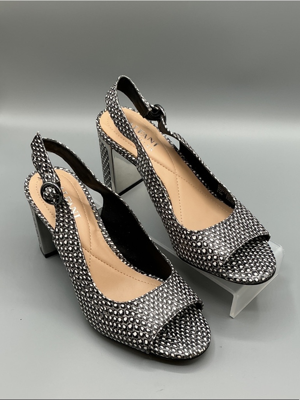 Alfani Black & White Patterned Slingback Peep-Toe Heels, size 5.5